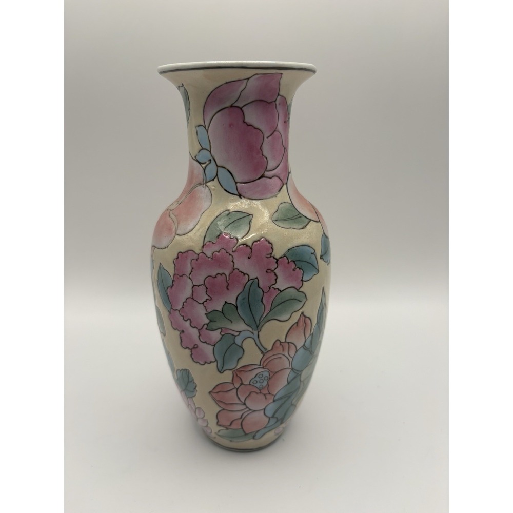 Vintage Style Hand Painted Floral Porcelain Vase 8" Asian Decor